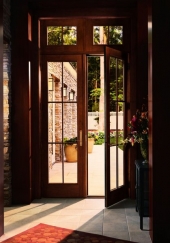 Andersen 400 Series FrenchwoodR Hinged Patio Door and Transom Windows with Colonial Grilles Stained Maple
